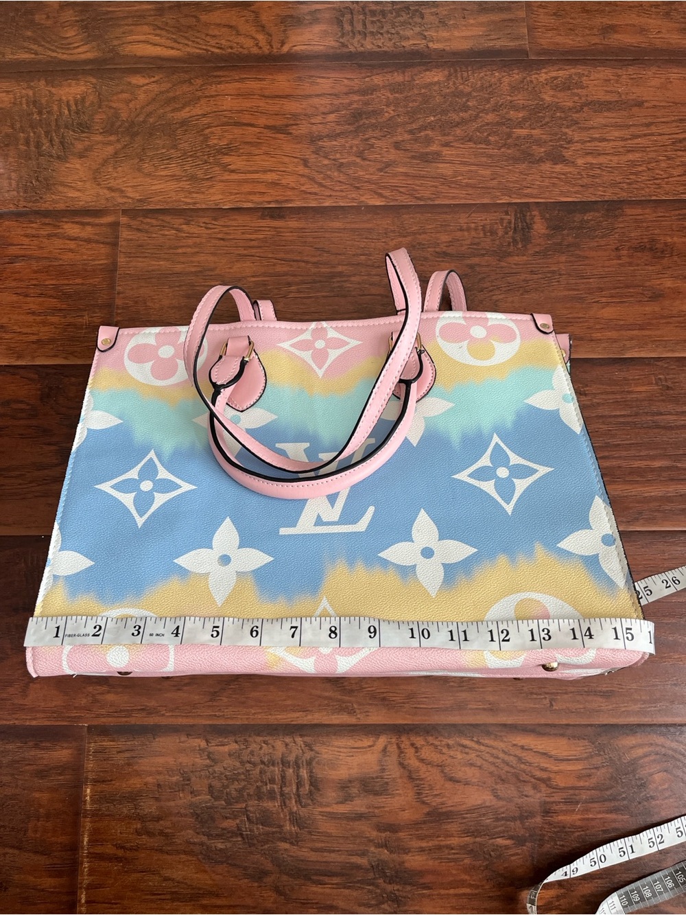 Designer Inspired Pastel Multicolor Tote - Pink, Blue, Yellow - Picture 8 of 11